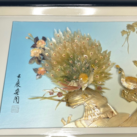 Vintage Asian Shell Art Peacock Flowers Framed Wall Art - Picture 2 of 13
